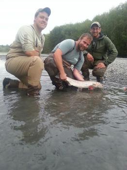 Happy fishermen display their Hoh river Steelhead salmon